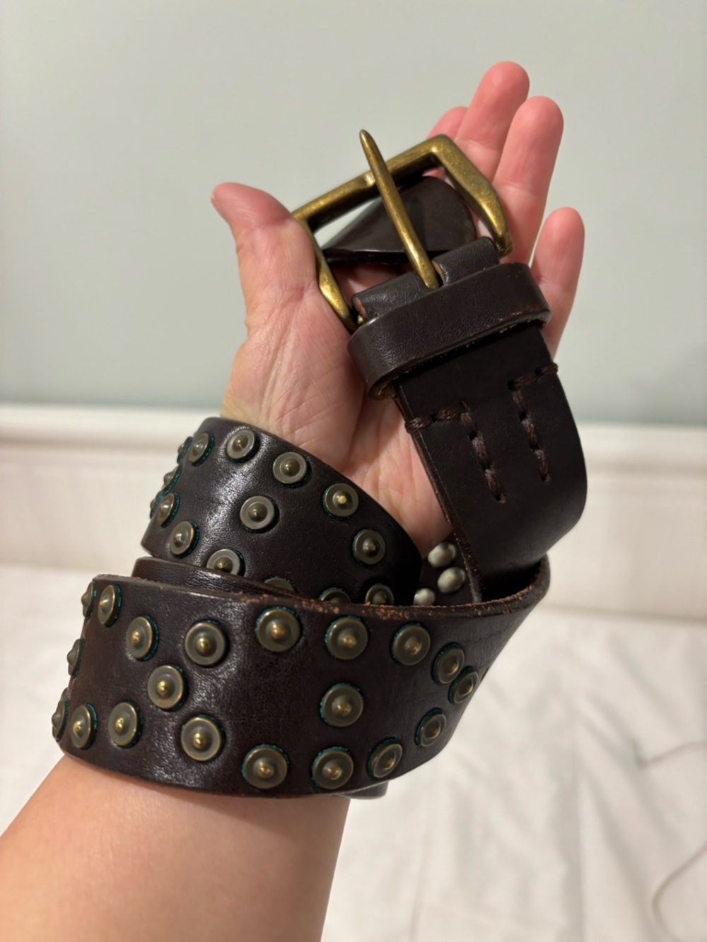 Vintage Heavyweight Full Grain Leather Studded Belt - Dark Brown 33-39” waist